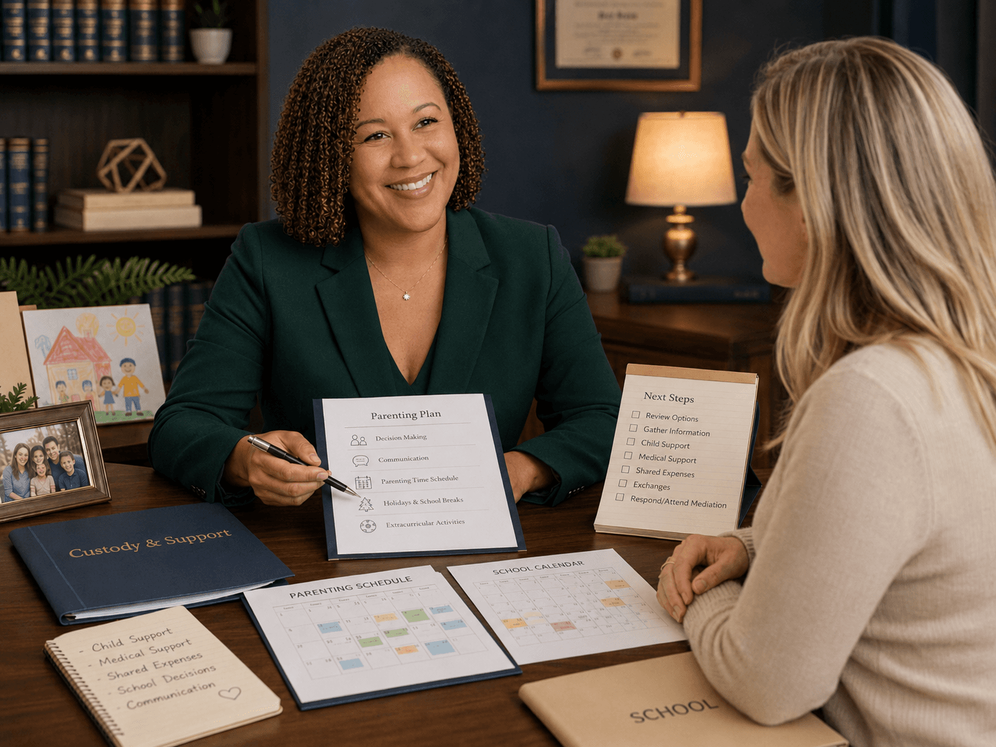 A smiling lawyer points to a parenting plan while discussing custody with a client.