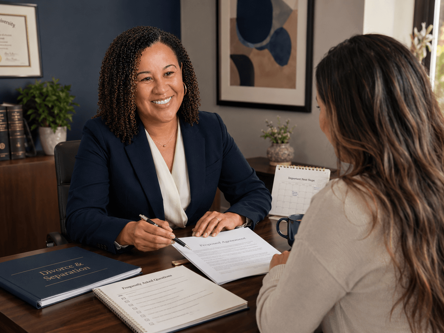 Smiling lawyer with curly hair reviews a proposed agreement with a client at her desk.