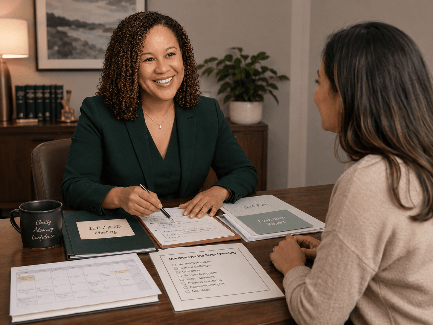 Smiling advocate reviews IEP and 504 plan documents with a parent at a desk.