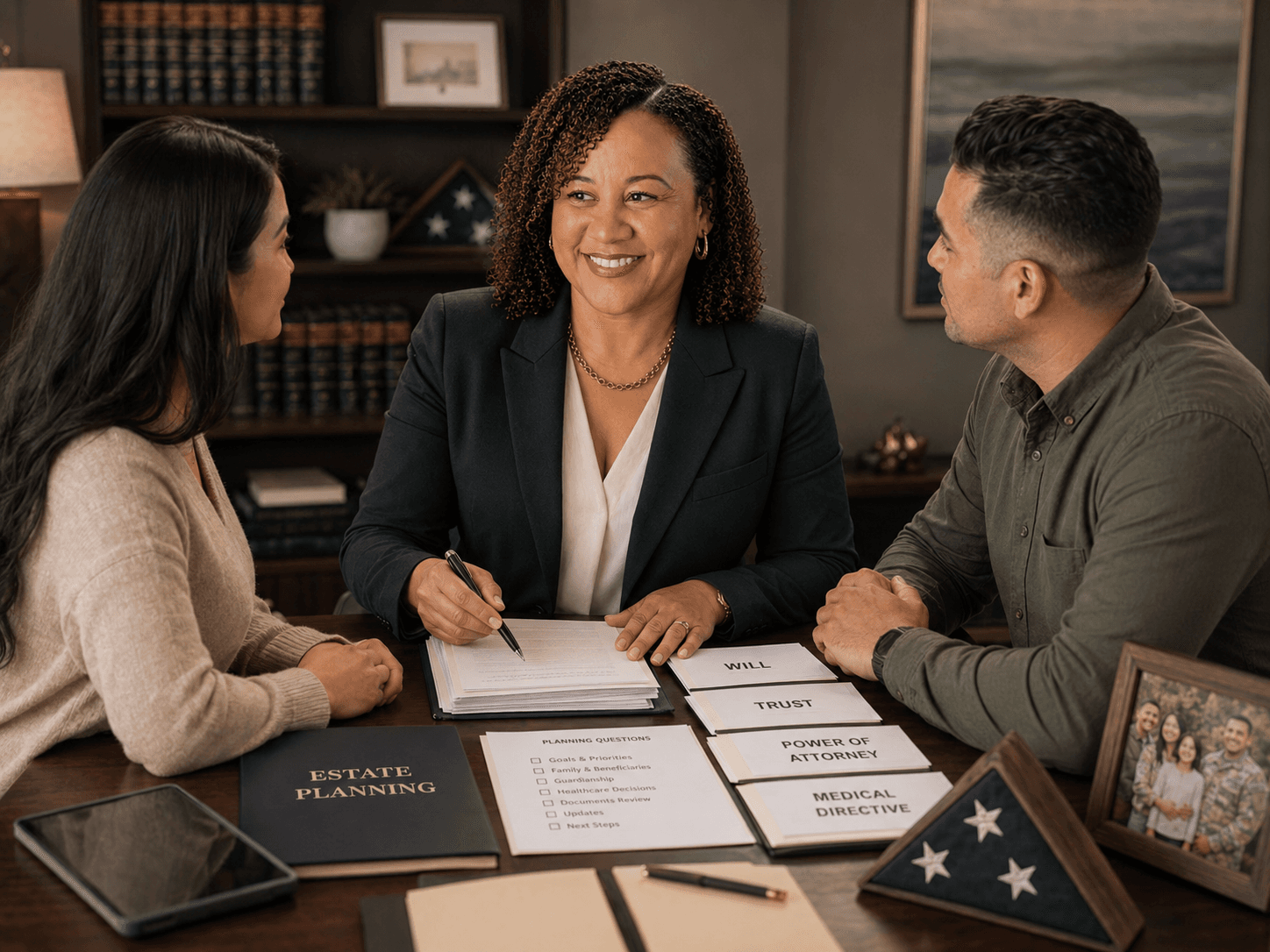 Smiling professional woman reviews estate planning documents with a couple in a home office.