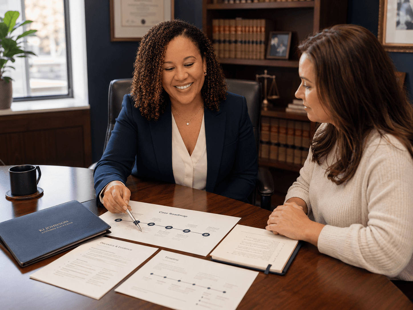 Smiling lawyer in a blue blazer reviews a case roadmap document with a client.