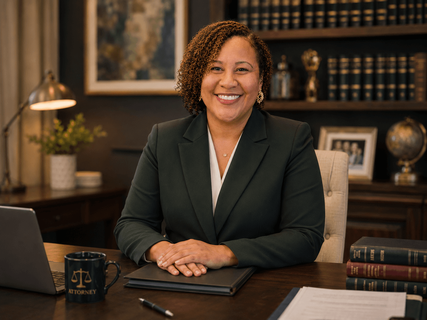 Smiling female attorney with curly hair in a green blazer at her office desk.