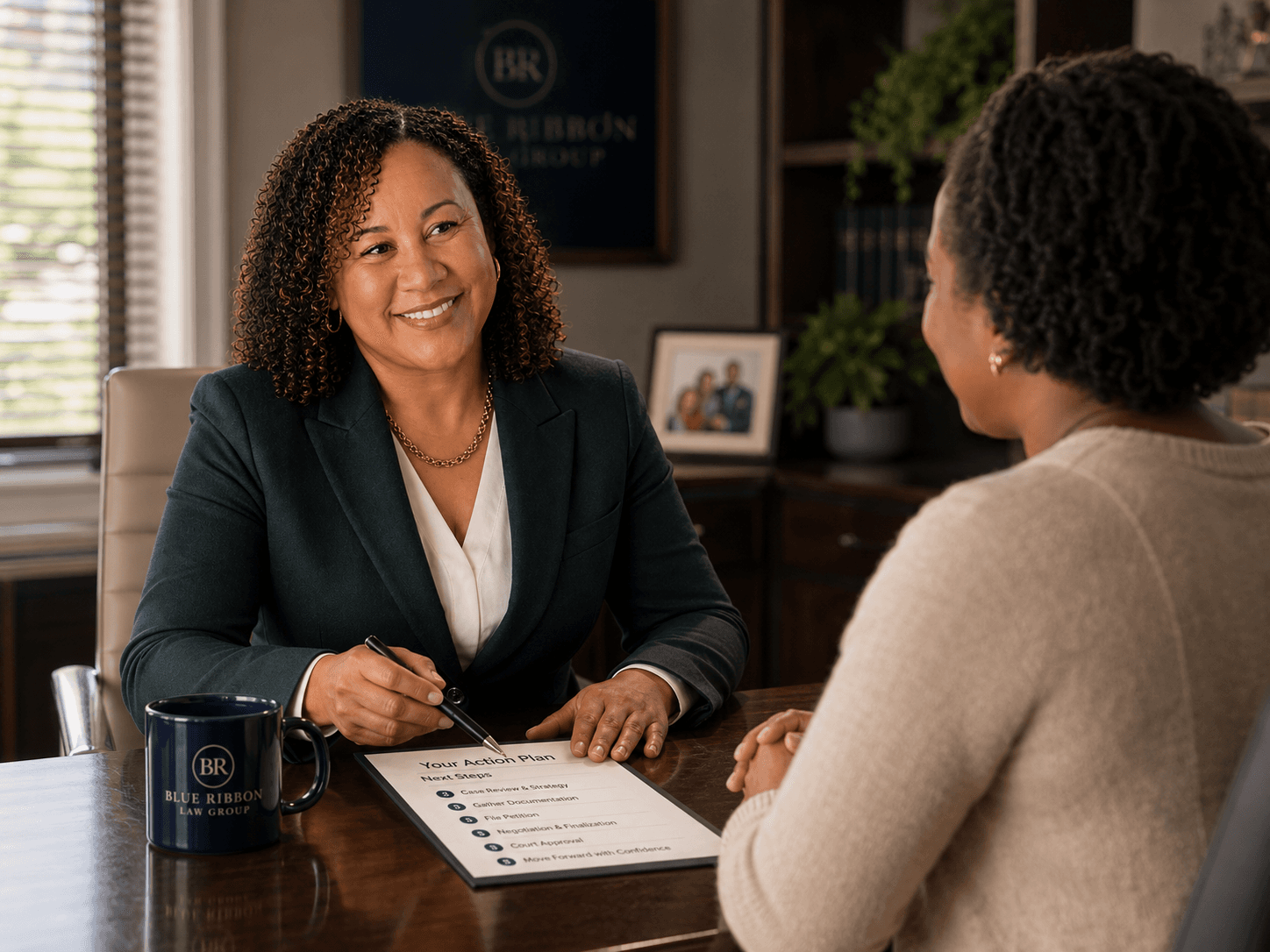 Smiling professional woman in a green blazer reviews an action plan with a client.