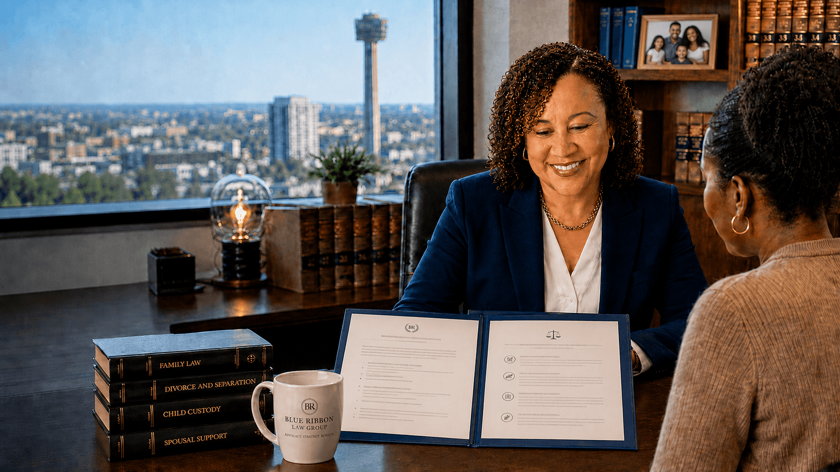 Smiling female lawyer reviews family law documents with a client in a high-rise office.