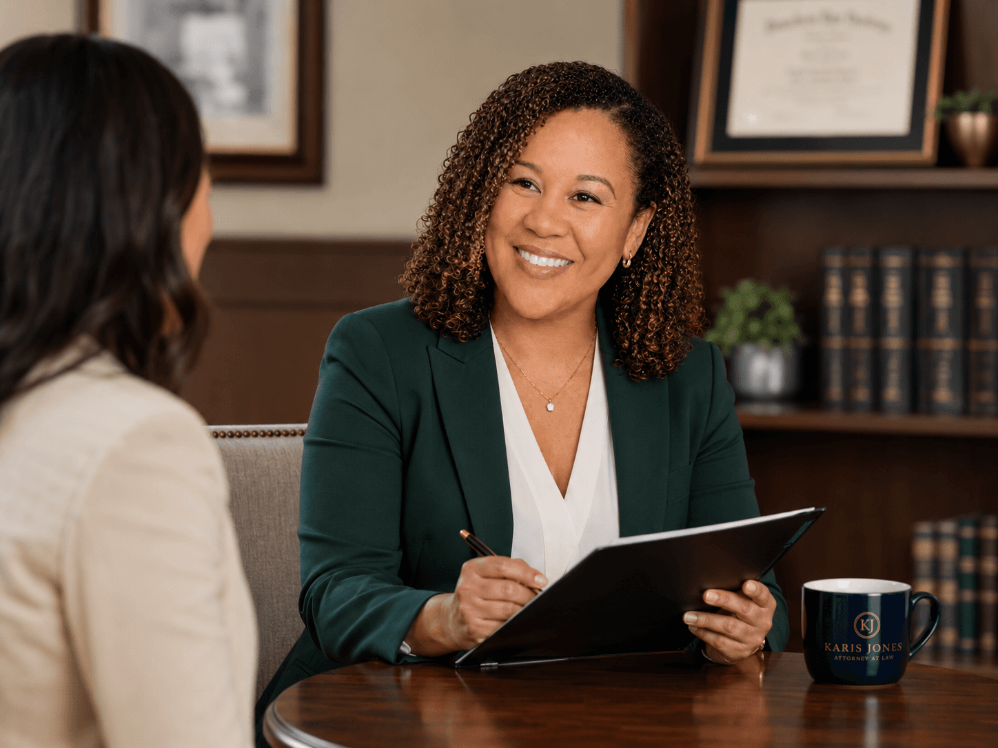 Smiling female attorney in a green blazer takes notes during a meeting with a client.