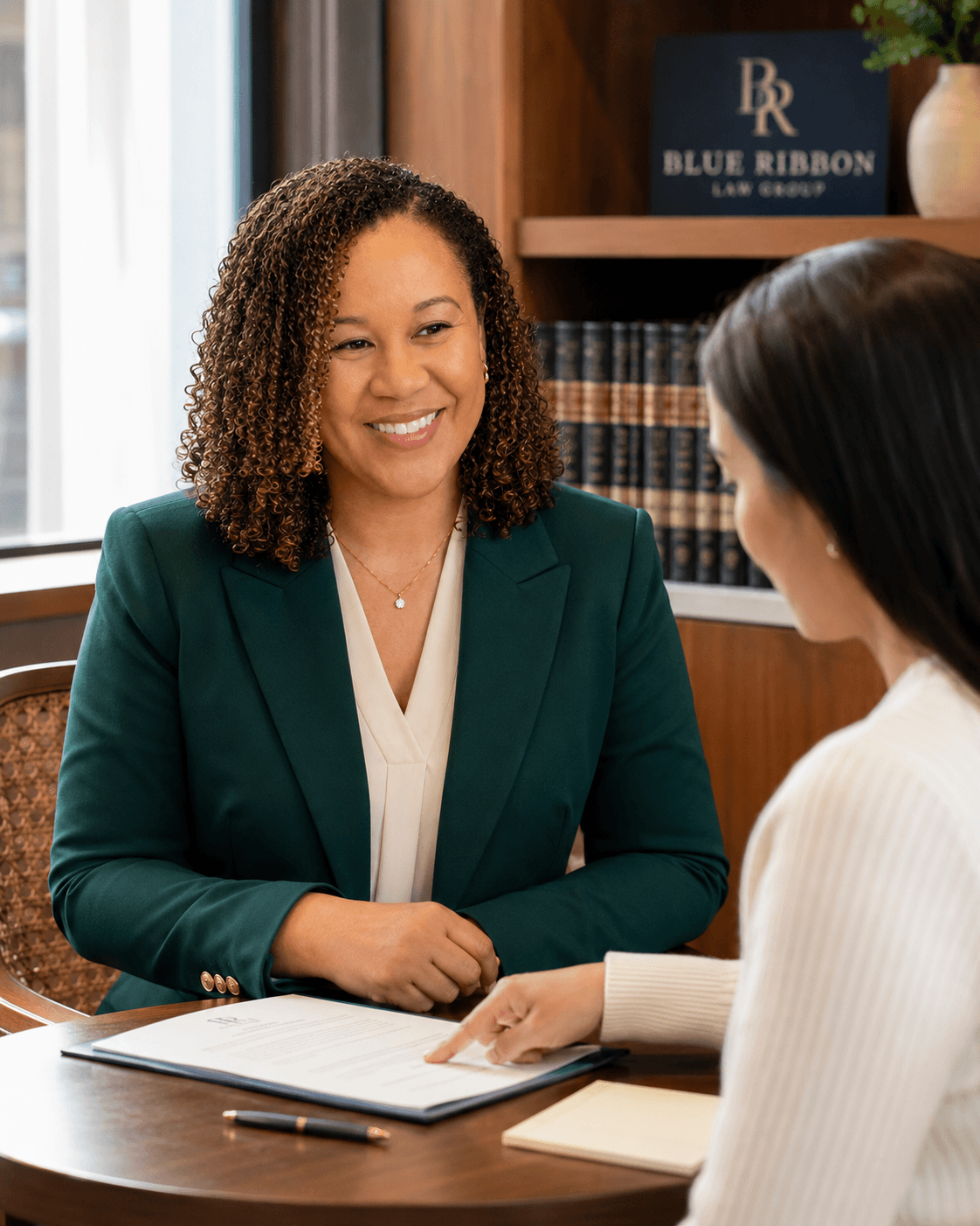 Smiling lawyer in green blazer reviews a document with a client in a law office.