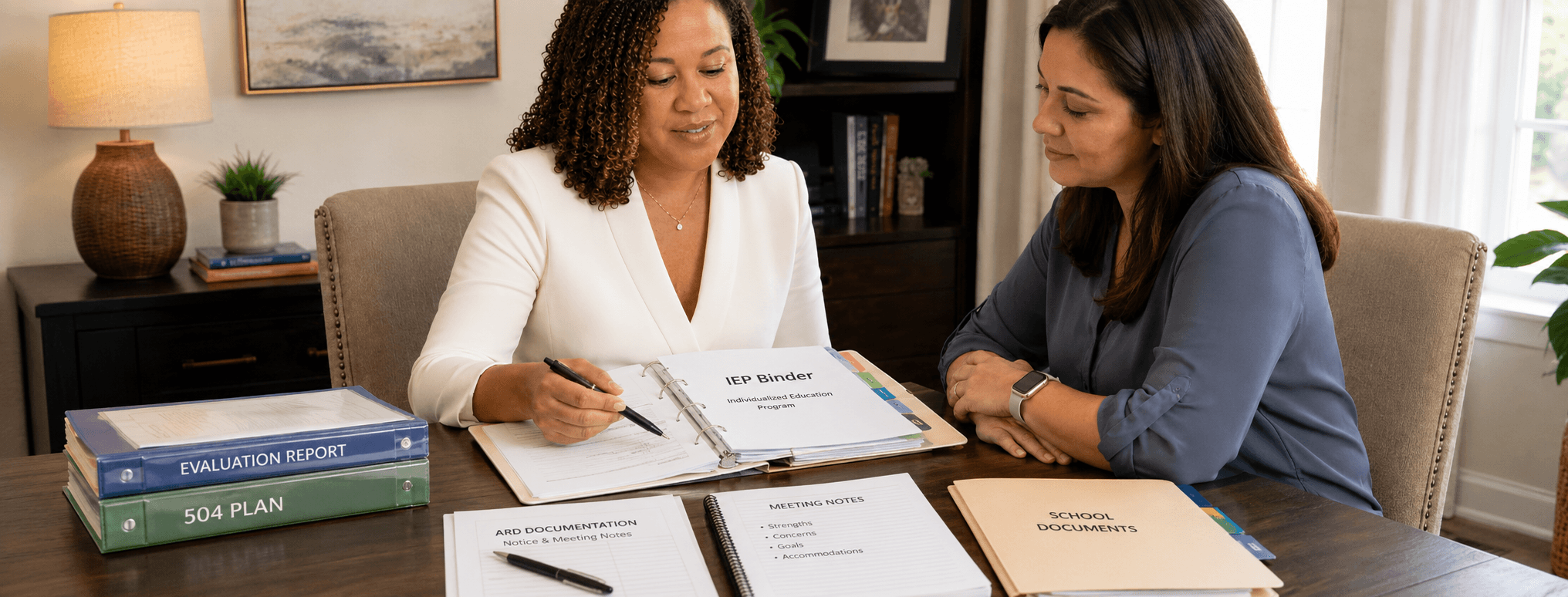 Two women review an IEP Binder and special education documents at a wooden table.