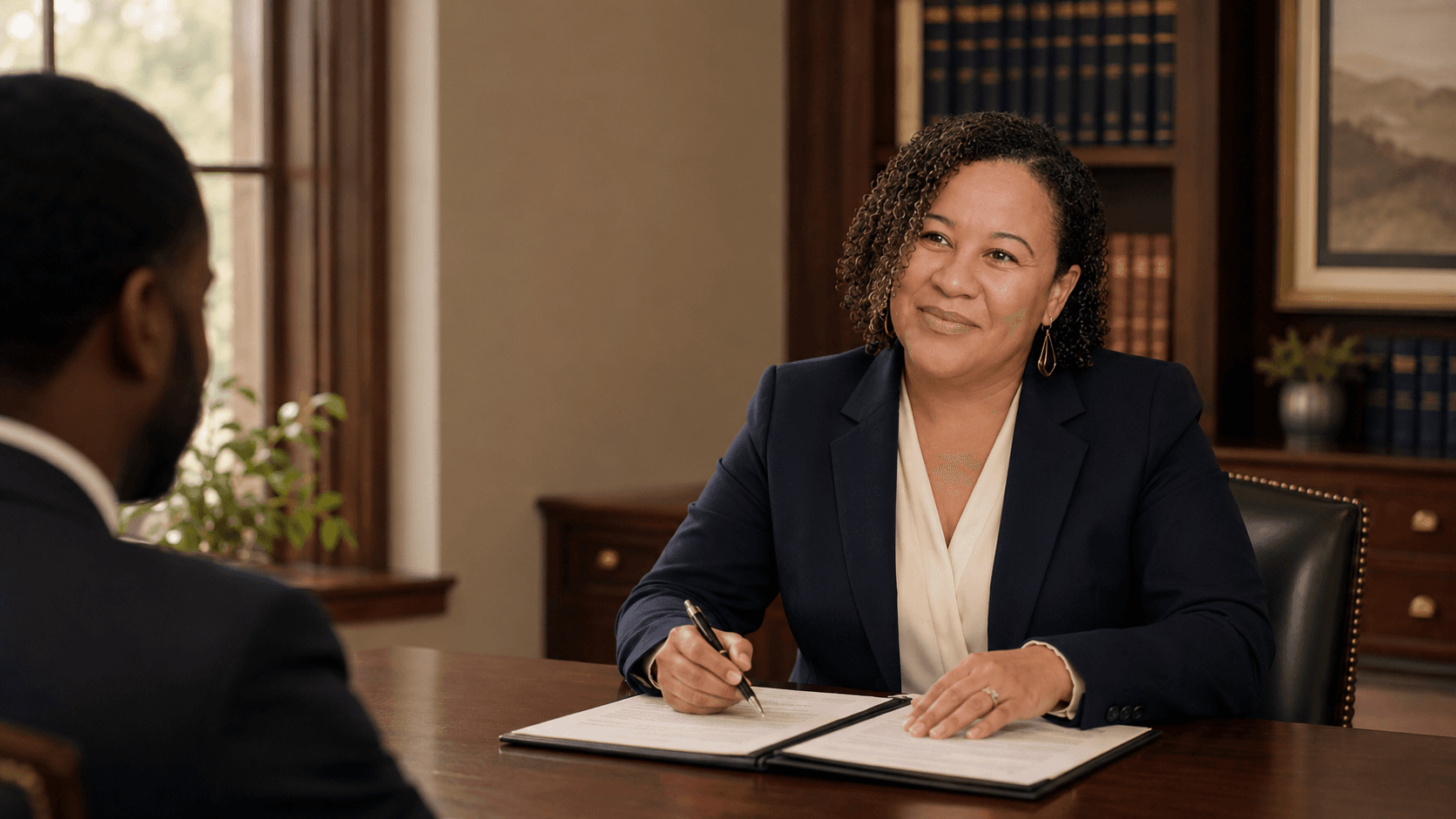 Smiling woman with curly hair in a navy blazer reviews documents with a male colleague.