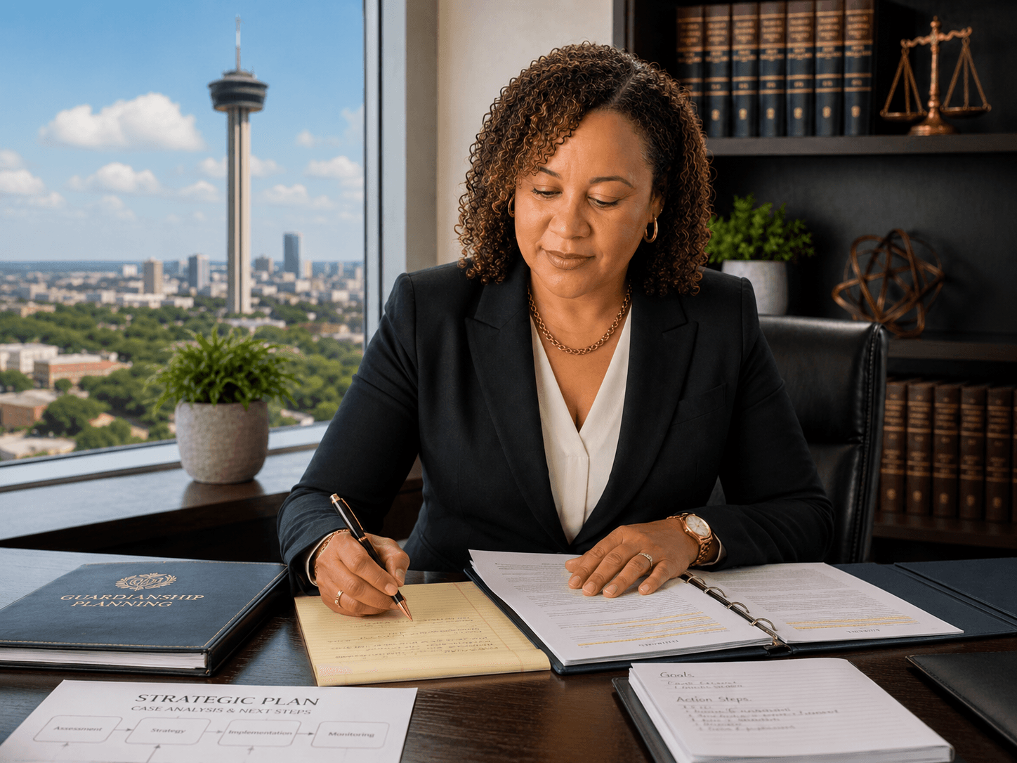 Professional woman writing at a desk in an office overlooking the San Antonio skyline.