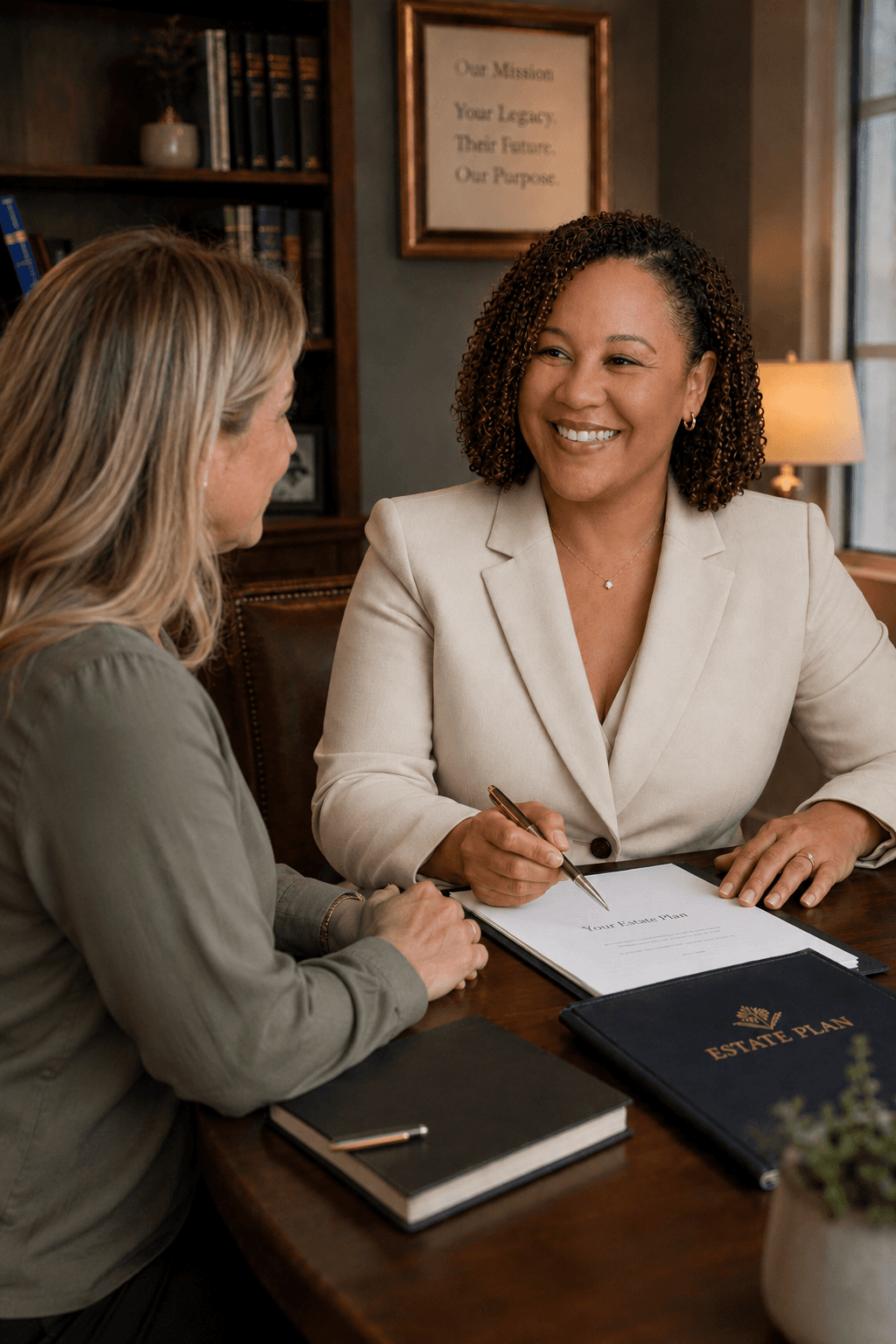 Smiling professional woman in a cream blazer reviews an estate plan document with a client.