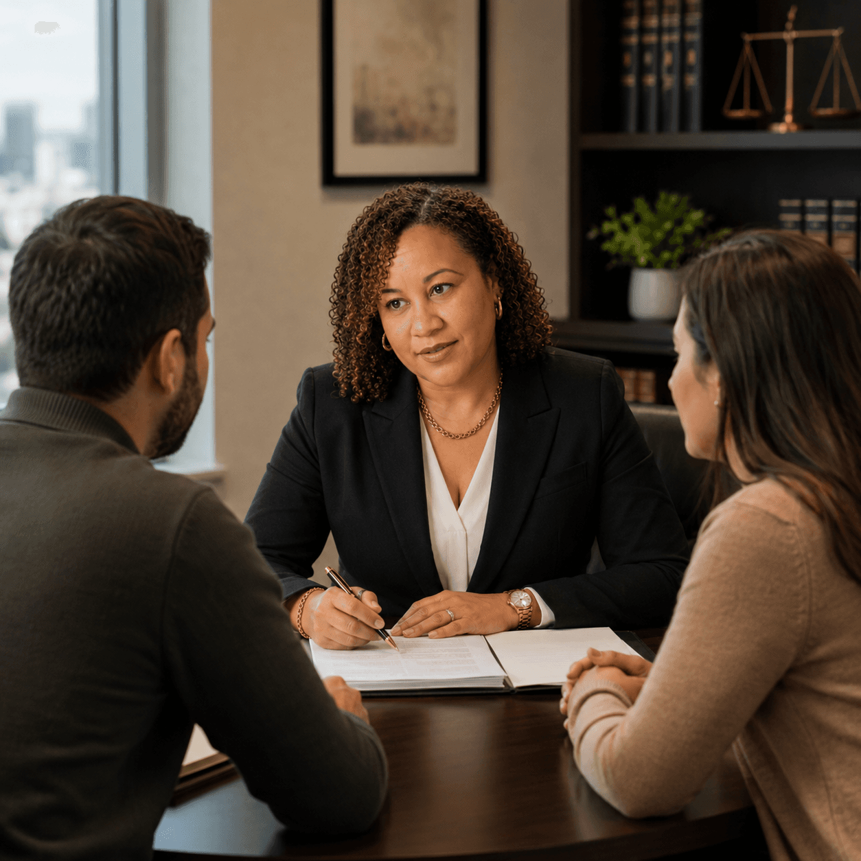 Professional woman in a blazer reviews documents with a couple in a law office.