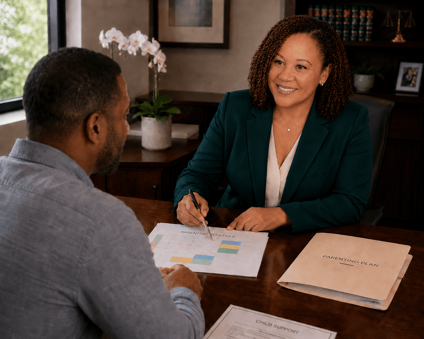 A smiling professional woman reviews a parenting schedule with a man in an office.