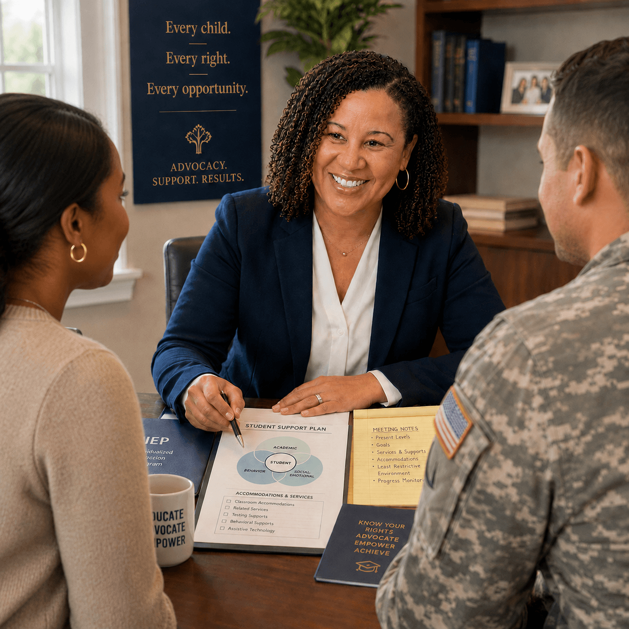 Smiling professional reviews a student support plan with a couple, including a military service member.
