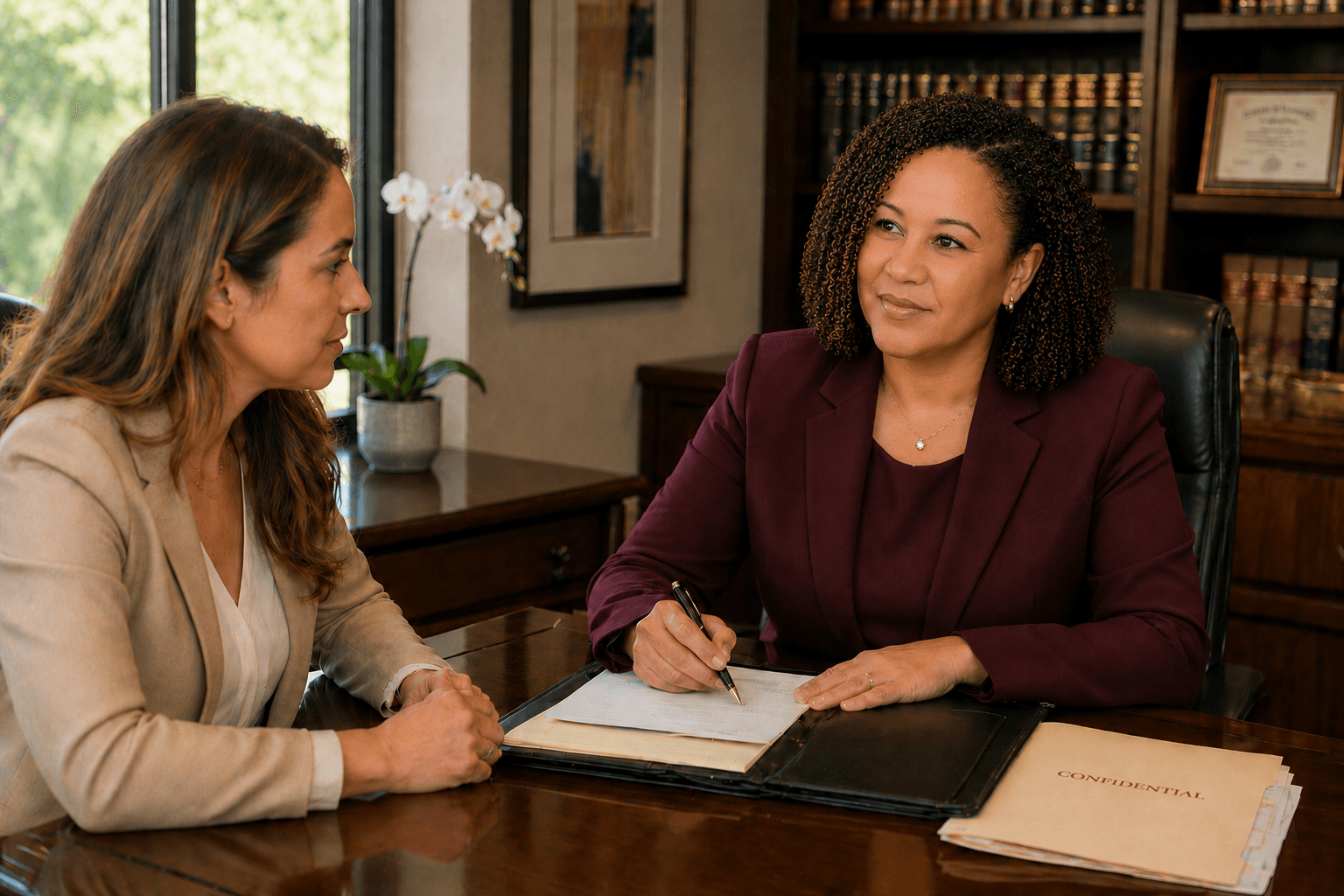 Professional woman in maroon blazer listens to a client across a desk with confidential paperwork.