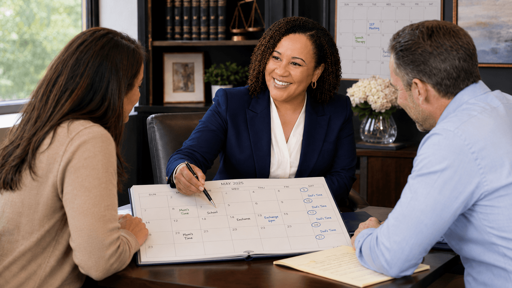 Smiling professional woman reviews a co-parenting calendar with a couple in a law office.